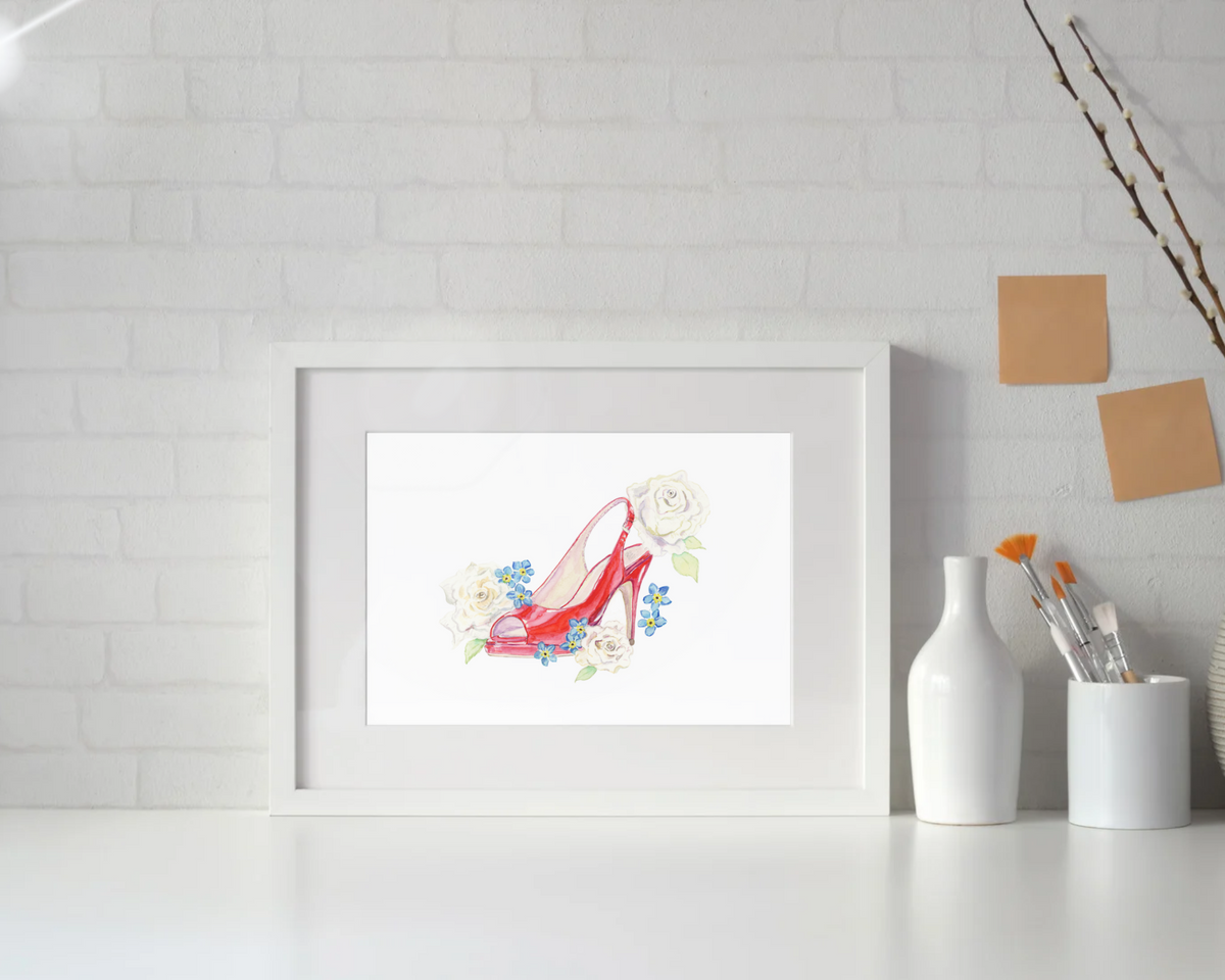 Roses & Red Heels – Watercolor Shoe Art Original - "The Laurie"