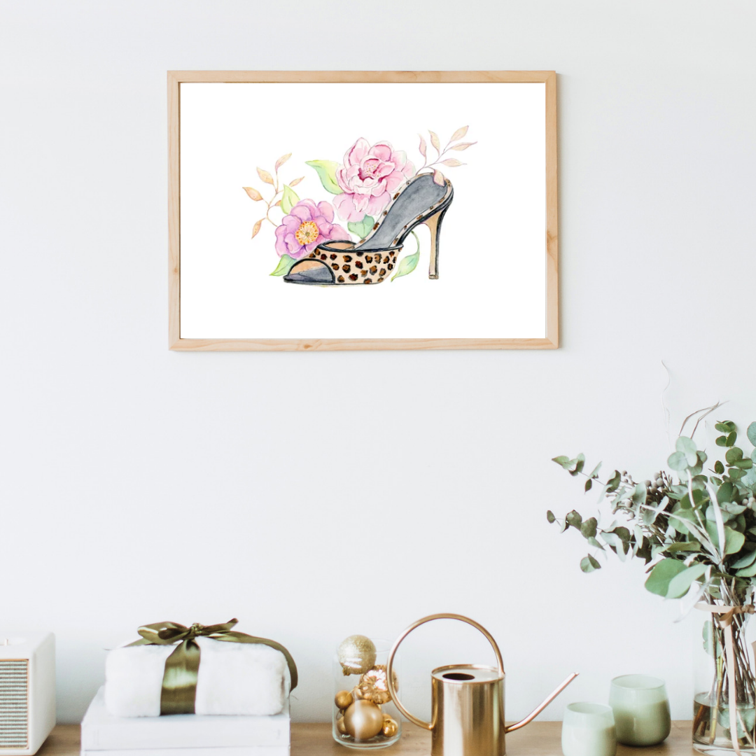 Wild About Blooms – Original - Leopard Print High Heel Watercolor Art - "The Lizzie"