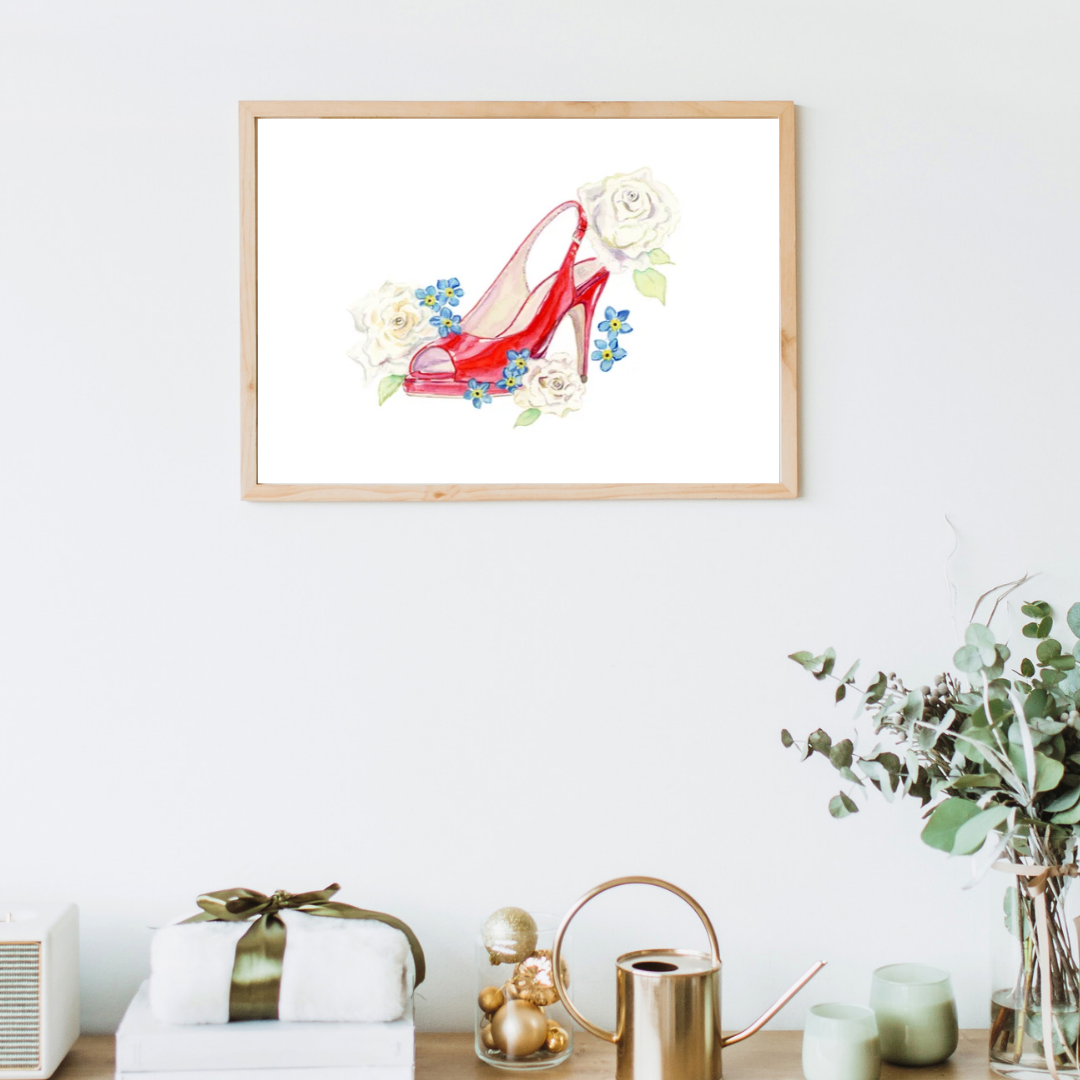 Roses & Red Heels – Watercolor Shoe Art Original - "The Laurie"