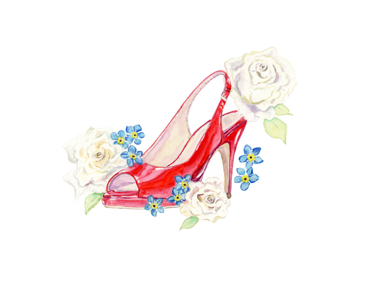 Roses & Red Heels – Watercolor Shoe Art Original - "The Laurie"