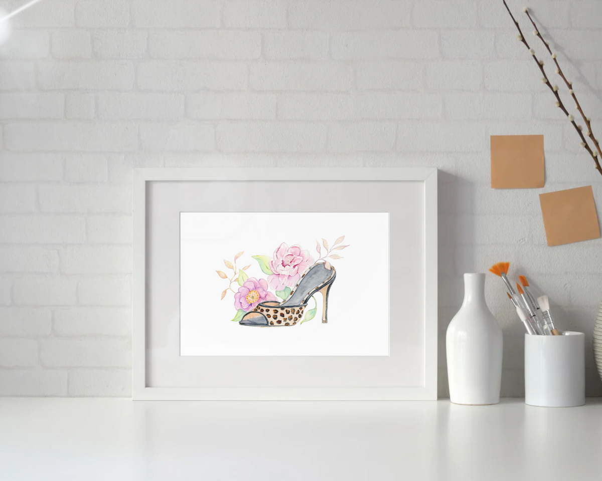 Wild About Blooms – Original - Leopard Print High Heel Watercolor Art - "The Lizzie"