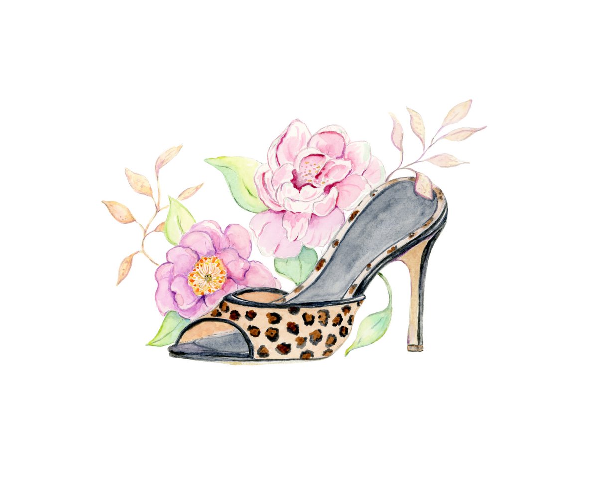 Wild About Blooms – Original - Leopard Print High Heel Watercolor Art - "The Lizzie"