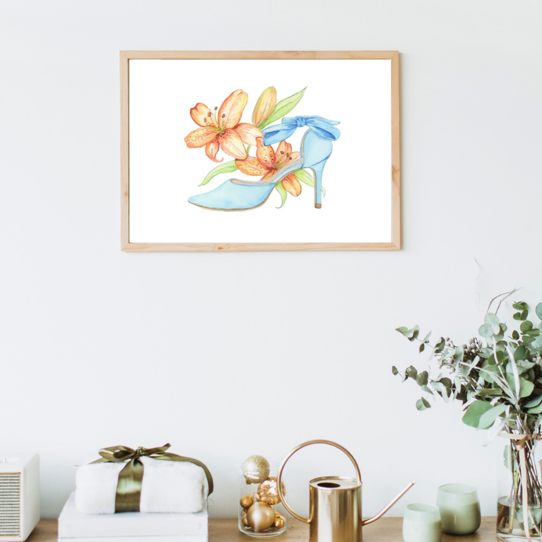 Blue Suede Blooms – Blue High Heel & Orange Flowers Watercolor Original - "The Lorraine"