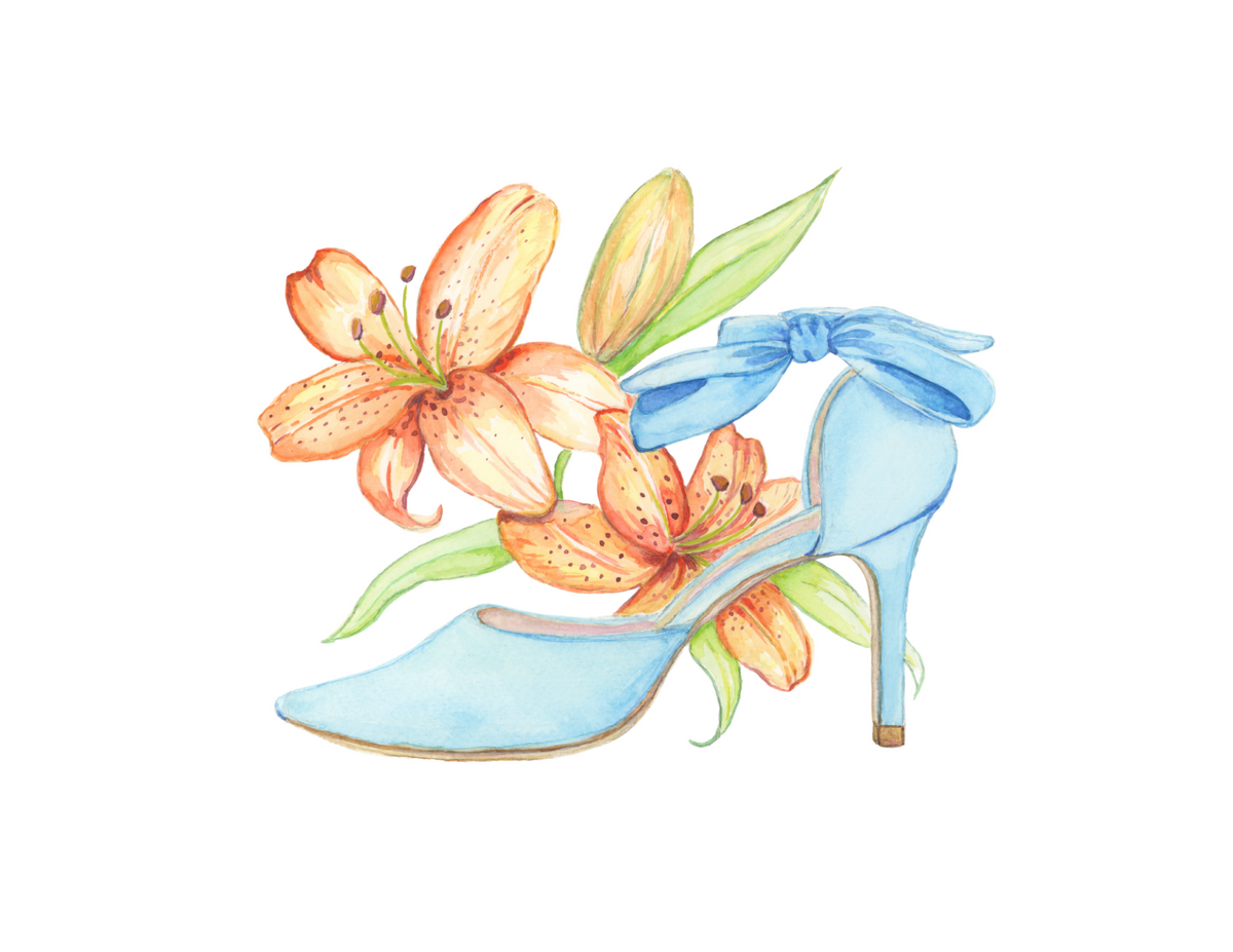 Blue Suede Blooms – Blue High Heel & Orange Flowers Watercolor Original - "The Lorraine"
