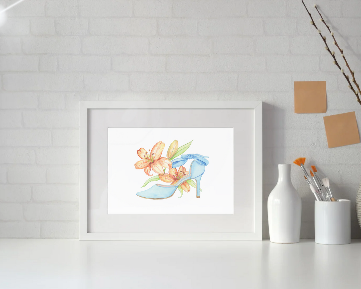 Blue Suede Blooms – Blue High Heel & Orange Flowers Watercolor Original - "The Lorraine"