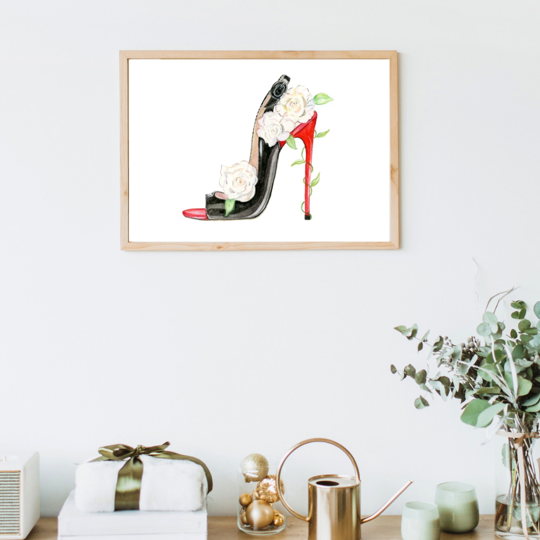Blooming Elegance – Black Patent & Red Stiletto Rose Watercolor Art Original "The SueAnne"