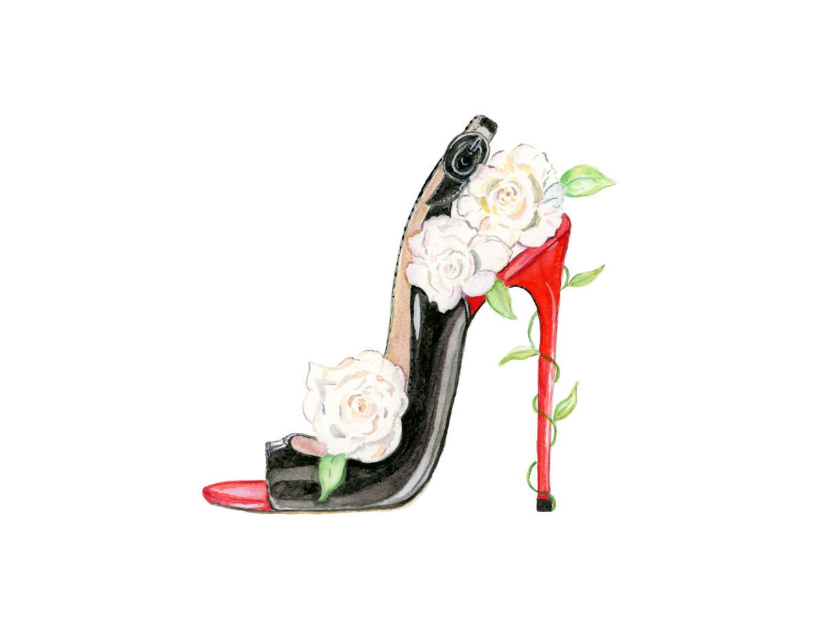 Blooming Elegance – Black Patent & Red Stiletto Rose Watercolor Art Original "The SueAnne"