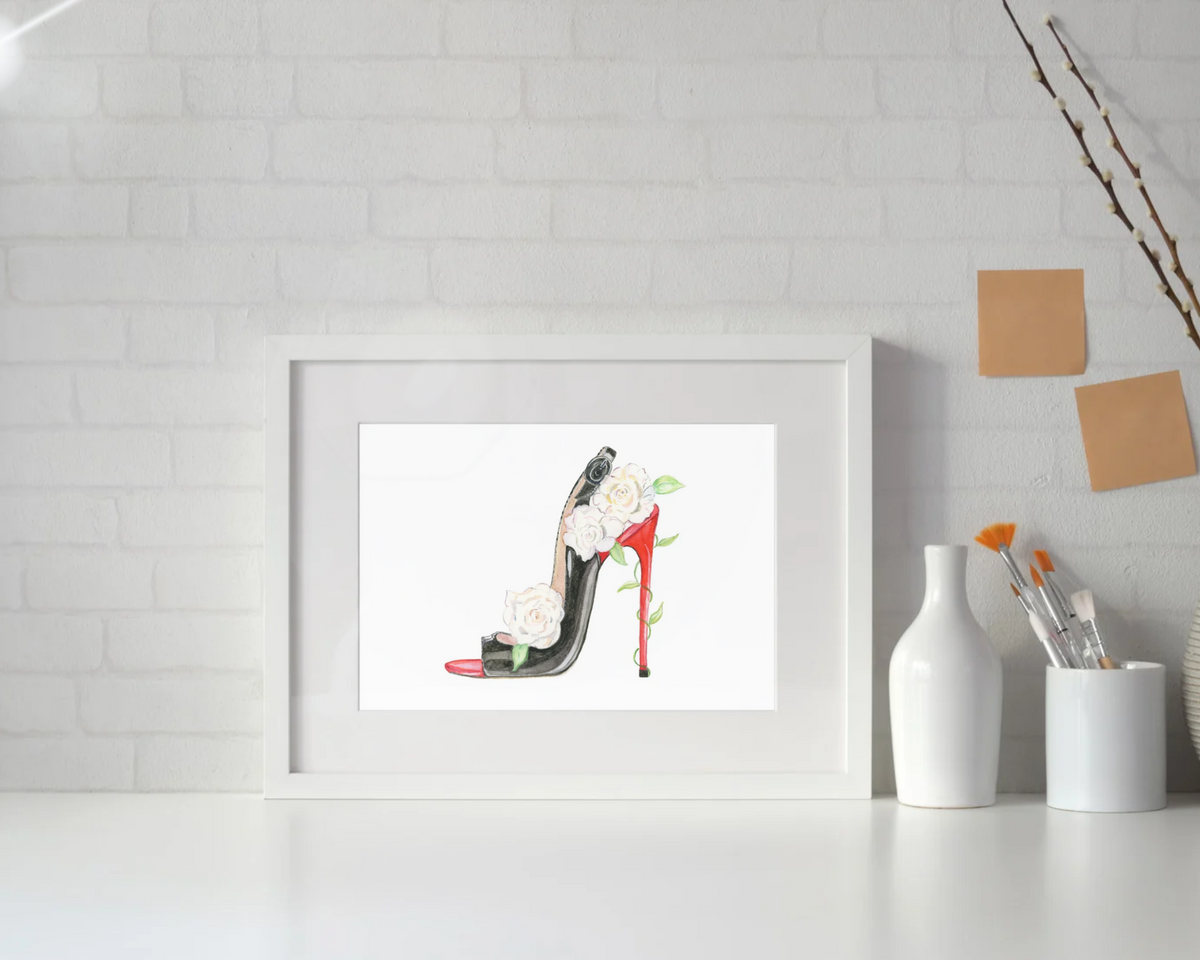 Blooming Elegance – Black Patent & Red Stiletto Rose Watercolor Art Original "The SueAnne"